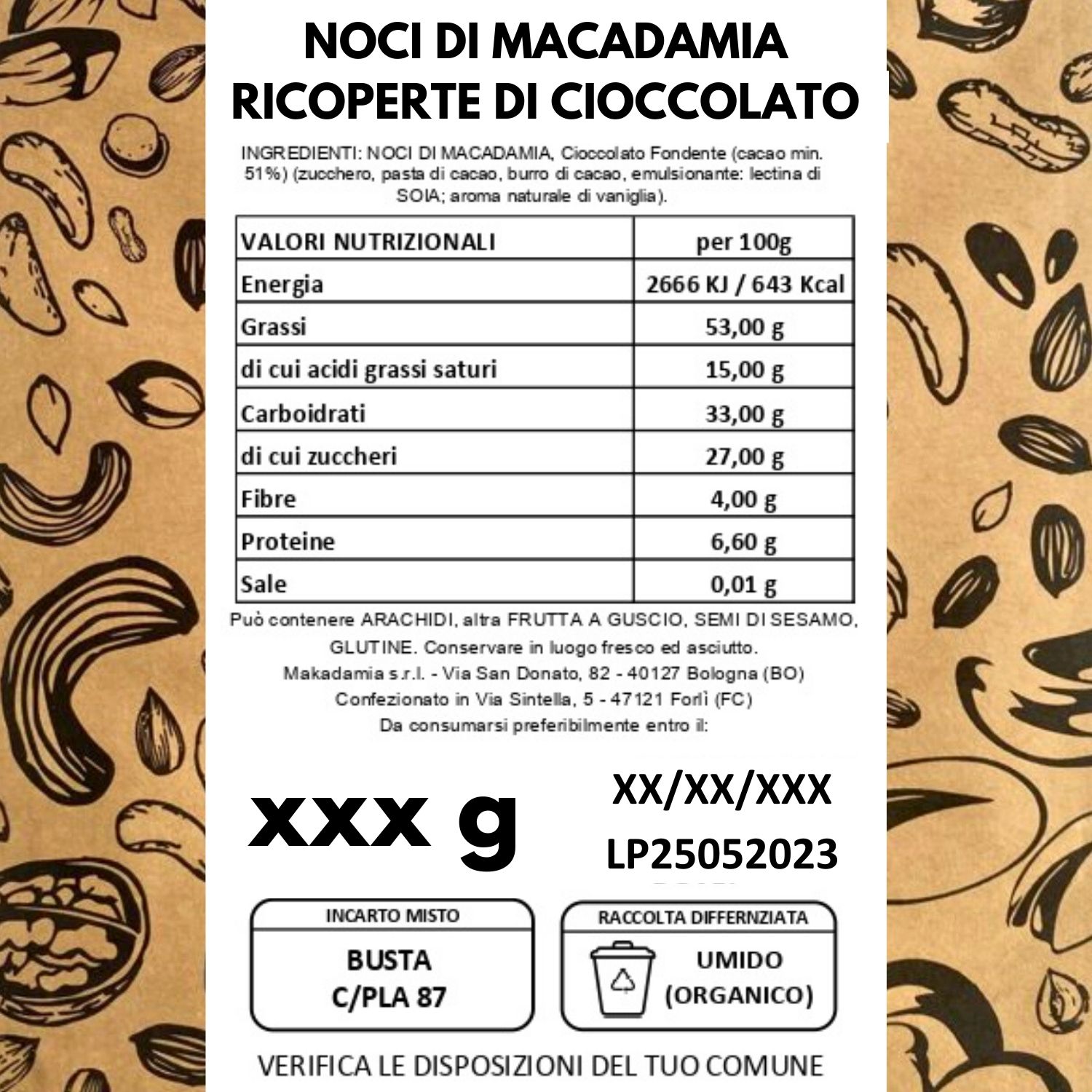 etichetta noci di macadamia ricoperte